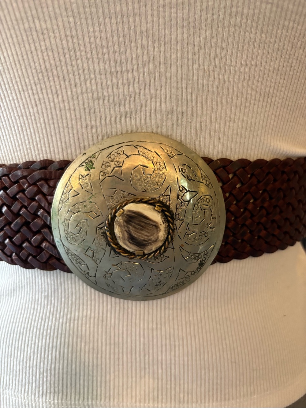Woven Cognac Brown Leather Belt with Decorative Metal and Stone Buckle - Picture 2 of 9